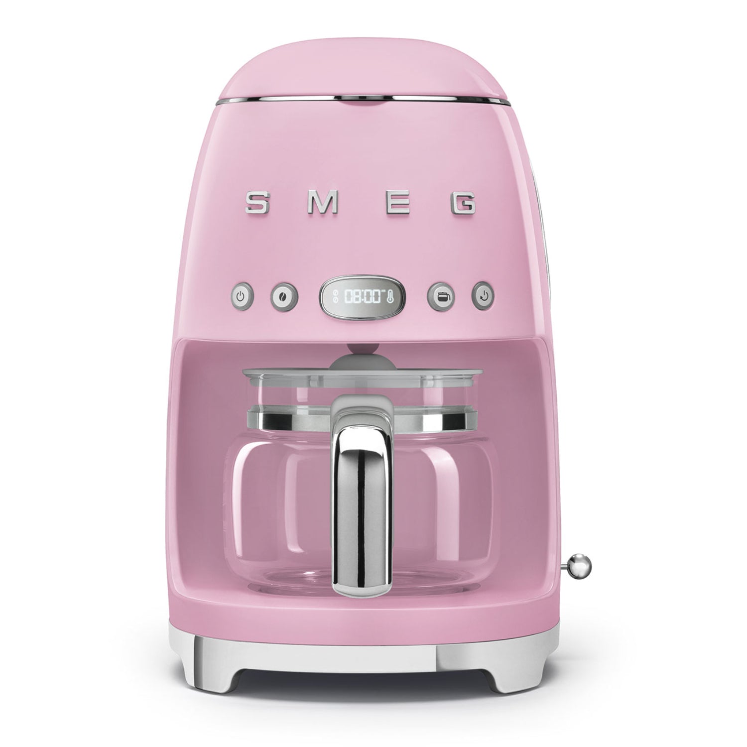 Cafetera rosa SMEG frontal, diseño retro, ideal para cocina moderna